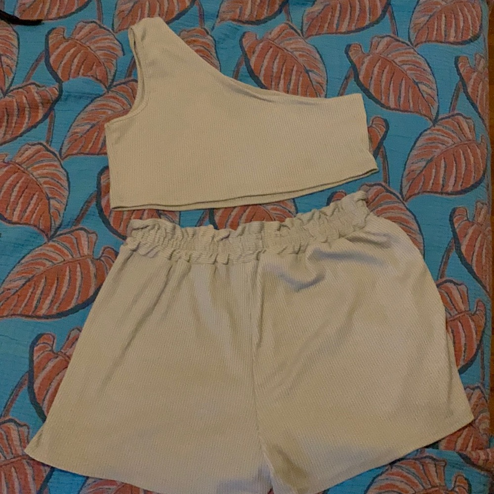 One shoulder crop top and paperbag waist shorts